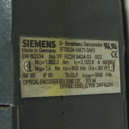 Siemens 1FT6034-1AK71-3AH1 3Ph Brushless Servo Motor W/24V Brake 6000RPM IP65