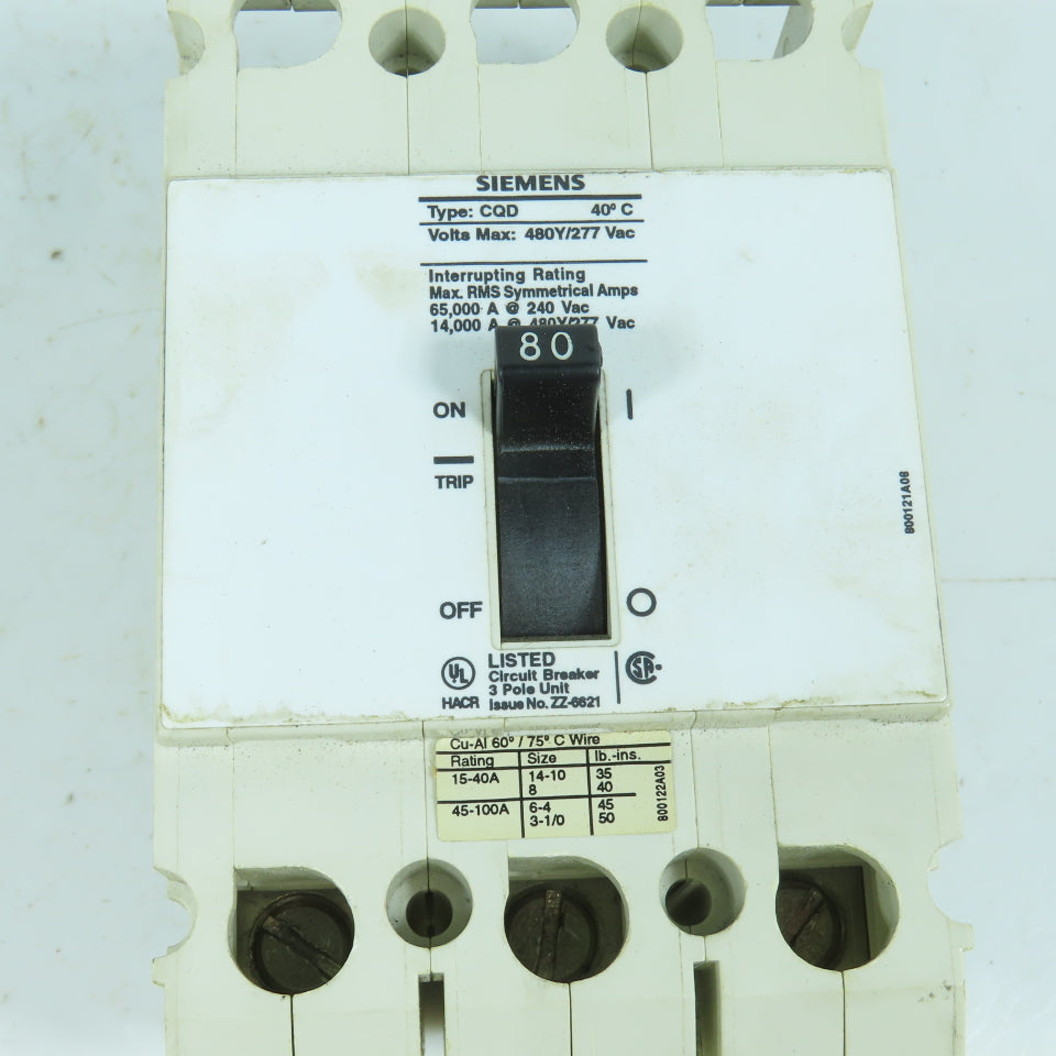 Siemens Type CQD 80A Circuit Breaker 480/277VAC 3-Pole