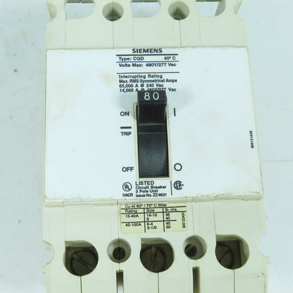 Siemens Type CQD 80A Circuit Breaker 480/277VAC 3-Pole