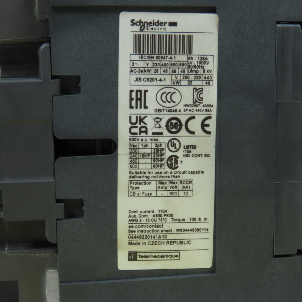 Schneider LC1D95 60HP Motor Strater Contactor 600V Max 110V Coil