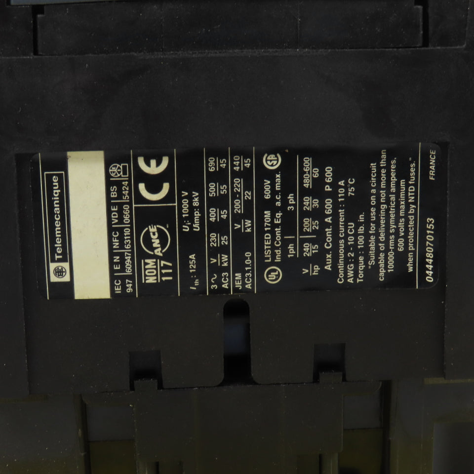 Schneider LC1D95 TelSys 60HP Motor Strater Contactor 600V Max 110V Coil