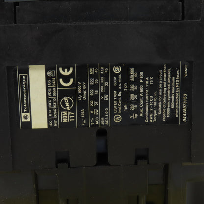 Schneider LC1D95 TelSys 60HP Motor Strater Contactor 600V Max 110V Coil