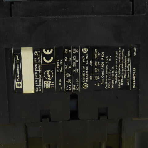 Schneider LC1D95 TelSys 60HP Motor Strater Contactor 600V Max 110V Coil