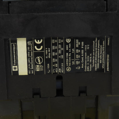 Schneider LC1D95 TelSys 60HP Motor Strater Contactor 600V Max 110V Coil