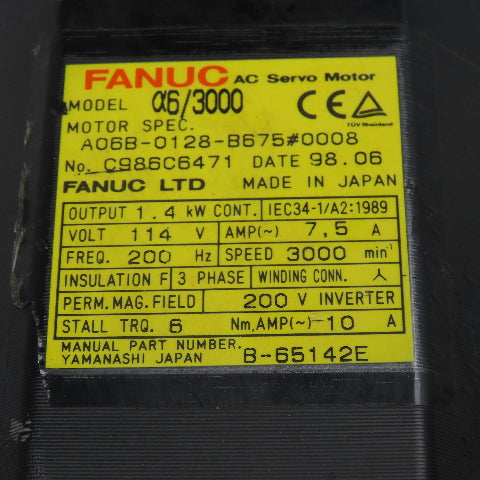 Fanuc A06B-0128-B675 1.4kW 3000RPM 3Ph 114V AC Servo Motor