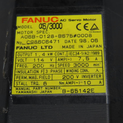 Fanuc A06B-0128-B675 1.4kW 3000RPM 3Ph 114V AC Servo Motor