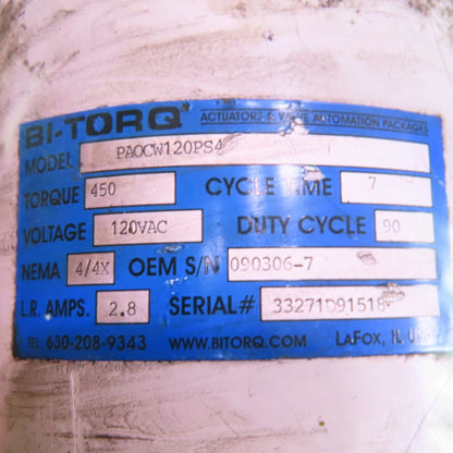 BI-Torq Actuator Valve 120VAC 450 Torque Cycle Time 7 Duty Cycle 90