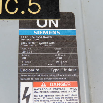 Siemens JN321 240VAC 250VDC 30A 1Ph 2 Pole Fusible Safety Disconnect Switch