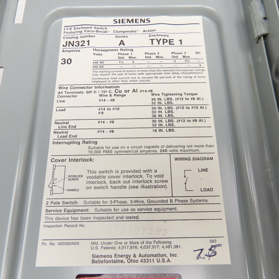 Siemens JN321 240VAC 250VDC 30A 1Ph 2 Pole Fusible Safety Disconnect Switch