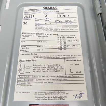Siemens JN321 240VAC 250VDC 30A 1Ph 2 Pole Fusible Safety Disconnect Switch