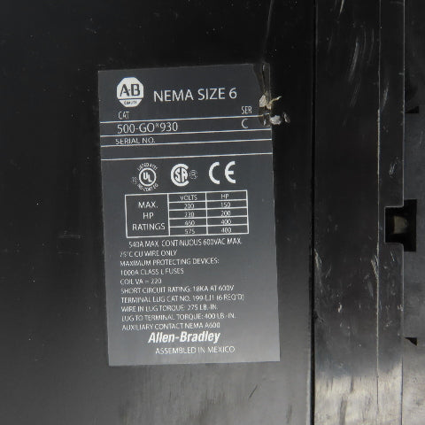 Allen Bradley 500-GO*930 Nema Size 6 Motor Starter Contactor 600VAC 400HP
