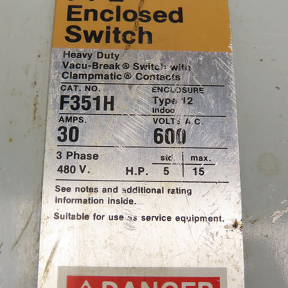 Siemens F351H 30A 600V 3 Pole Type 12 Fusible Safety Disconnect 3Ph 480V