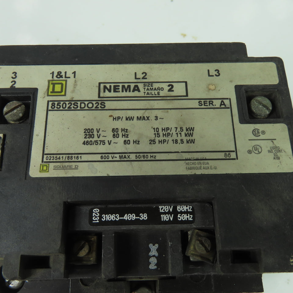 Square D 8502SDO2S Size 2 Ser A Contactor 3Ph 600V 50/60Hz 25Hp 120V Coil