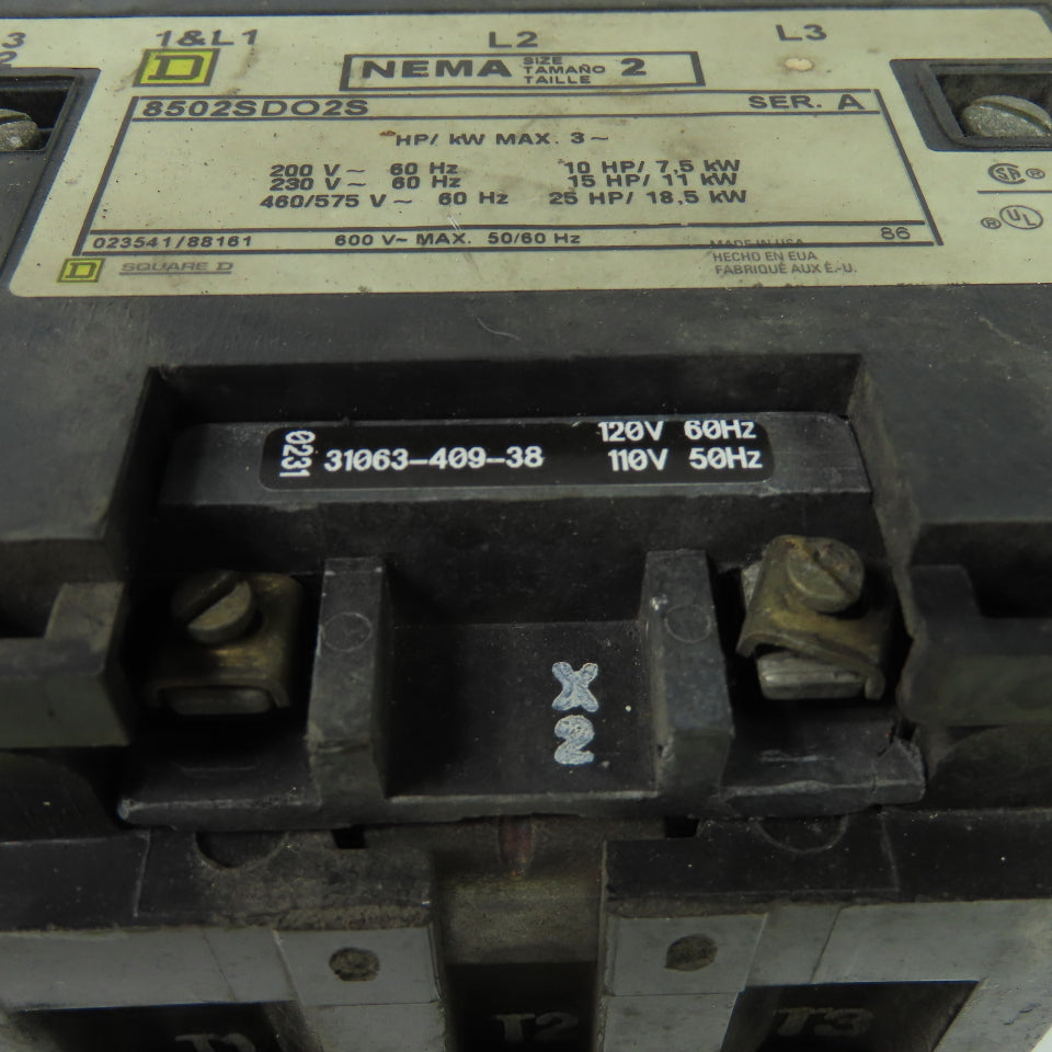 Square D 8502SDO2S Size 2 Ser A Contactor 3Ph 600V 50/60Hz 25Hp 120V Coil