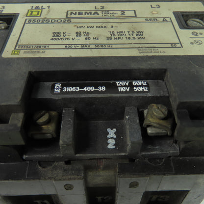 Square D 8502SDO2S Size 2 Ser A Contactor 3Ph 600V 50/60Hz 25Hp 120V Coil
