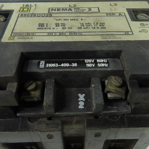 Square D 8502SDO2S Size 2 Ser A Contactor 3Ph 600V 50/60Hz 25Hp 120V Coil