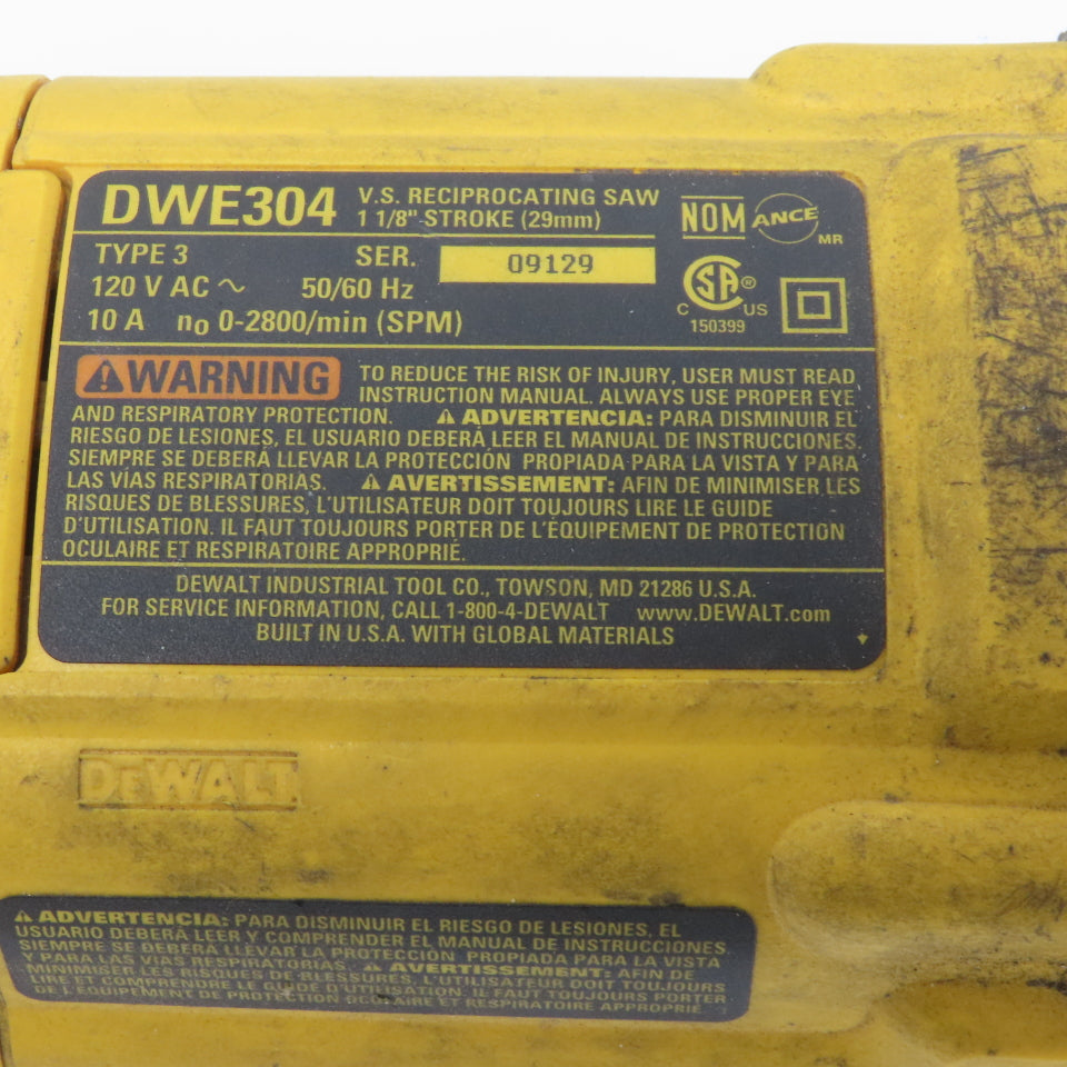 DeWalt DWE304 Reciprocating Saw 120V 10A Variable Speed 1-1/8" Stroke