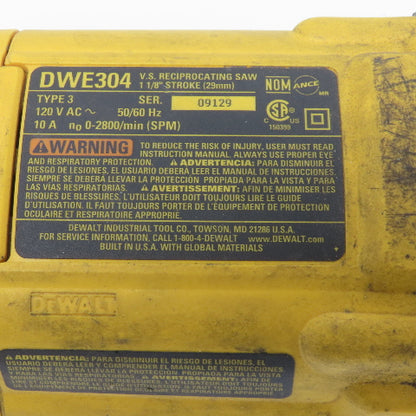 DeWalt DWE304 Reciprocating Saw 120V 10A Variable Speed 1-1/8" Stroke
