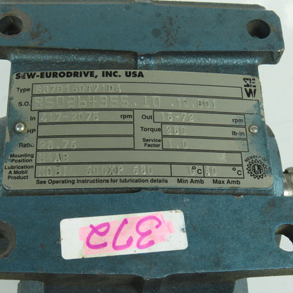 Sew-Eurodrive S37D16DT71D4 28.76:1 Ratio Variable Speed Gear Box 15-72RPM Out