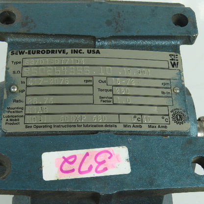 Sew-Eurodrive S37D16DT71D4 28.76:1 Ratio Variable Speed Gear Box 15-72RPM Out