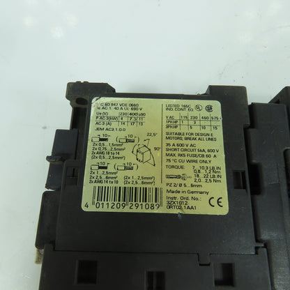 Siemens 3RT1025-1B Motor Starter Contactor 600V W/ 3RV1021-4AA10 Breaker 11-16A