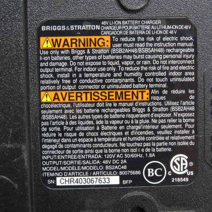 Brigs & Stratton BS2AC48 48V LITIHUM-ION Battery Charger For BSB2AH48/BSB5AH48