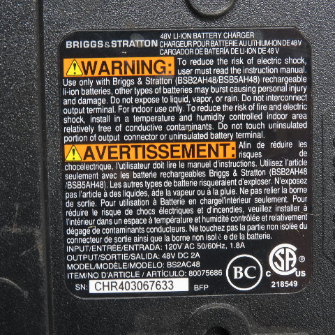 Brigs & Stratton BS2AC48 48V LITIHUM-ION Battery Charger For BSB2AH48/BSB5AH48