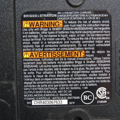 Brigs & Stratton BS2AC48 48V LITIHUM-ION Battery Charger For BSB2AH48/BSB5AH48