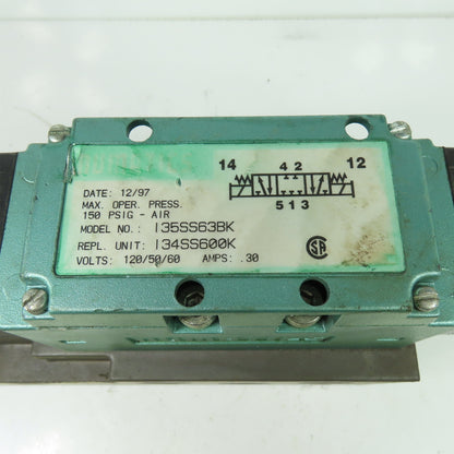 Numatics I34SS600K Pneumatic Solenoid Valve W/ Manifold 150PSI 120V .30A