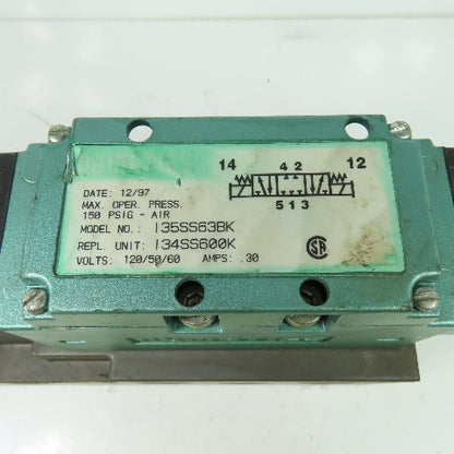 Numatics I34SS600K Pneumatic Solenoid Valve W/ Manifold 150PSI 120V .30A