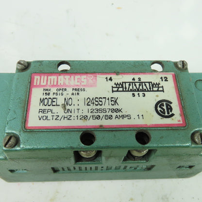 Numatics I24SS715K Pneumatic Solenoid Valve 150PSI 120V I23SS700K