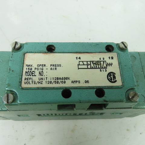 Numatics I12BA400K Pneumatic Solenoid Valve 150PSIG 120V 50/60Hz .06A