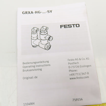 Festo 575444 One Way Pneumatic Flow Control 4mm, 6mm Push To Connect .3-10Bar