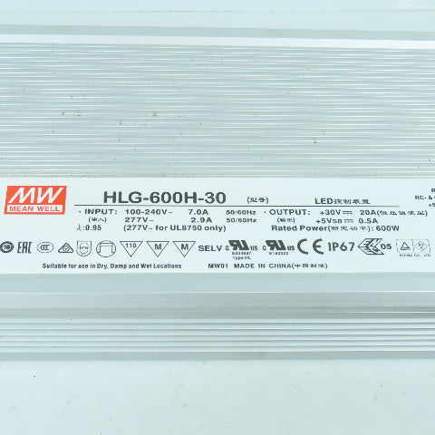 Mean Well HLG-600H-30 30V DC 20A Power Supply 100-240/277VAC Input NEW