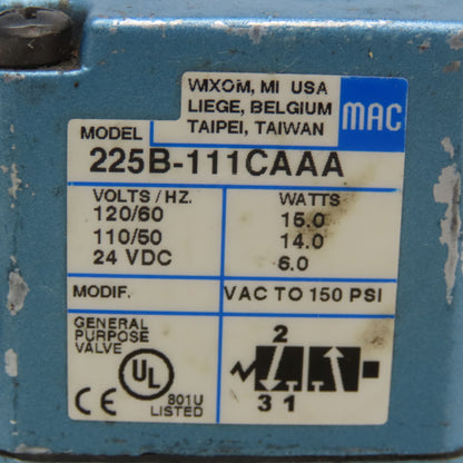 Mac 225B-111CAAA Solenoid Valve 3/2 Position VAC To 150PSI 120VAC 24VDC 1/4" NPT