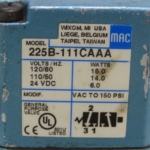 Mac 225B-111CAAA Solenoid Valve 3/2 Position VAC To 150PSI 120VAC 24VDC 1/4" NPT
