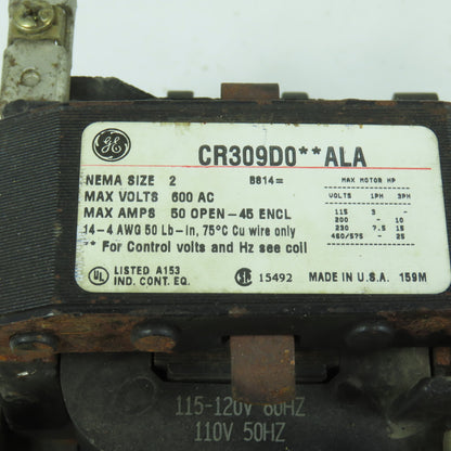 General Electric CR309D0**ALA Nema Size 2 Reversing Starter 600V 25HP 120V Coil