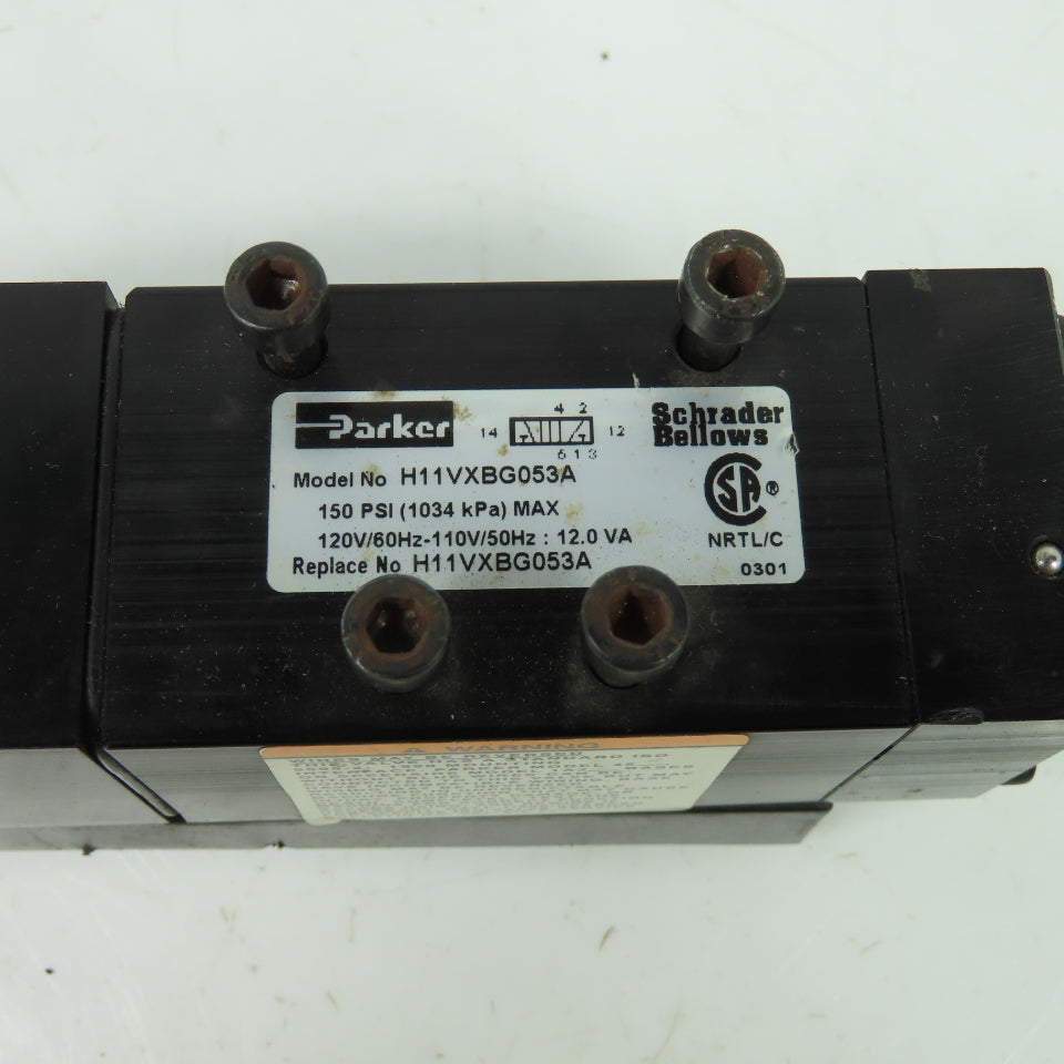 Parker H11VXBG053A Schrader Bellows Pneumatic Solenoid Valve 150PSI 120V Coil