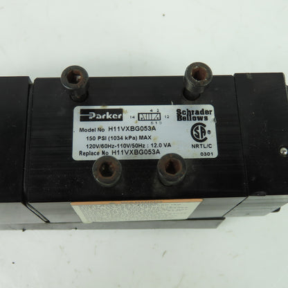Parker H11VXBG053A Schrader Bellows Pneumatic Solenoid Valve 150PSI 120V Coil