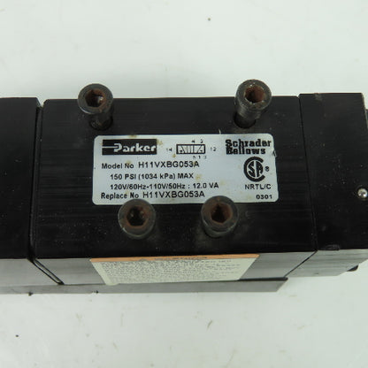 Parker H11VXBG053A Schrader Bellows Pneumatic Solenoid Valve 150PSI 120V Coil