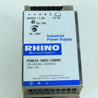 Automation Direct Rhino PSM24-180S 24V DC 7.5A Power Supply 100-240VAC Input
