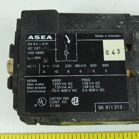 Asea EH6C-31E 10A 600VAC Contactor 24V DC Coil
