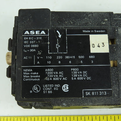 Asea EH6C-31E 10A 600VAC Contactor 24V DC Coil