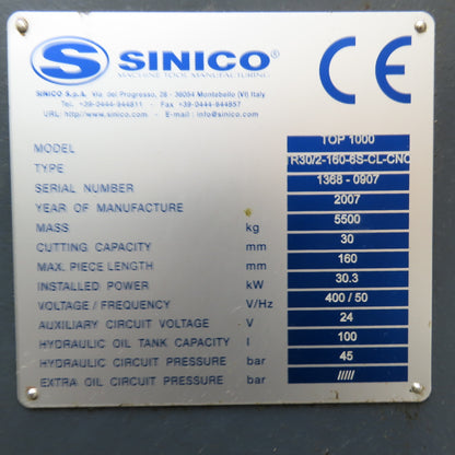 Sinico TOP 1000 2007 CNC Finishing Chamfering Machine W/Chip Conveyor 400V 3Ph