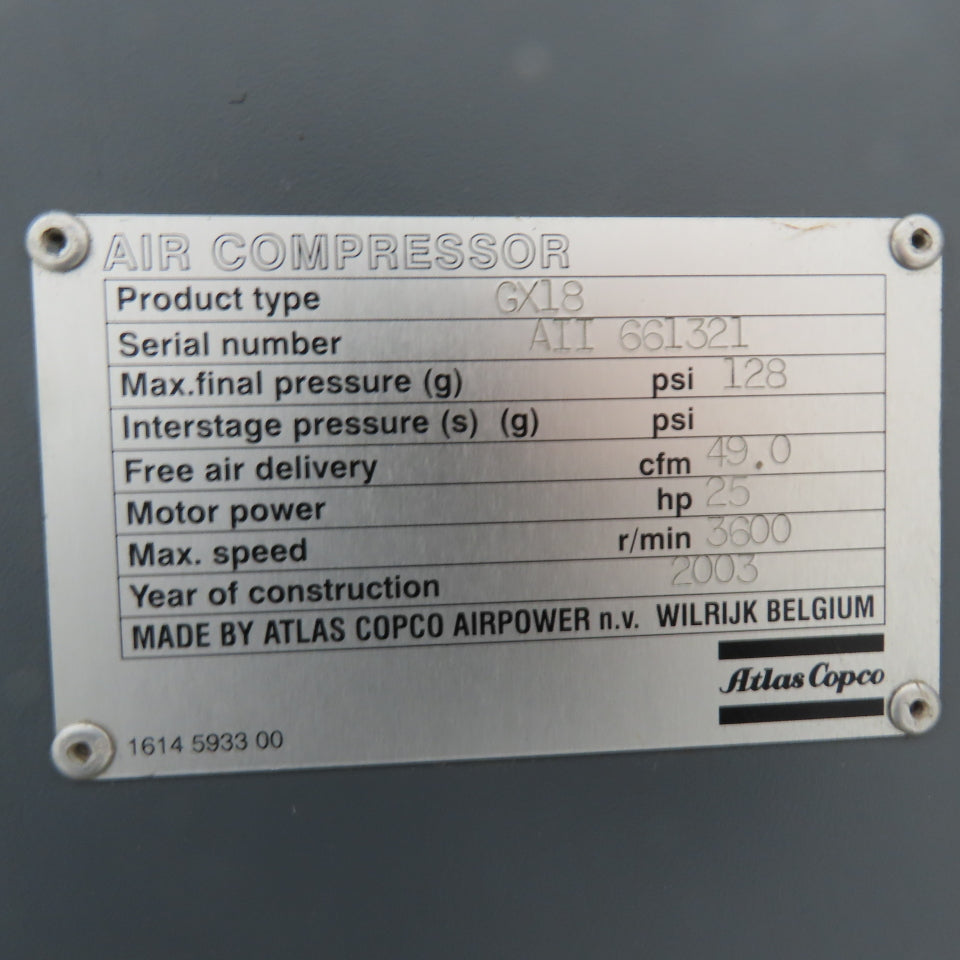 Atlas Copco GX18 25HP 130 Gallon Rotary Screw Air Compressor 3Ph 480V 49CFM