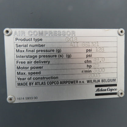 Atlas Copco GX18 25HP 130 Gallon Rotary Screw Air Compressor 3Ph 480V 49CFM
