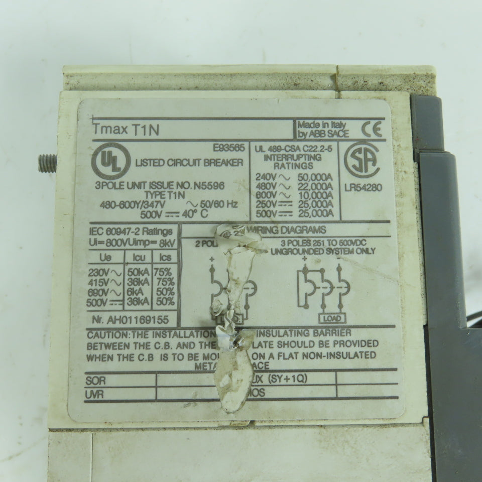 ABB SACE Tmax T1N 90A 3-Pole Circuit Breaker 480-600Y/347V