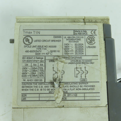 ABB SACE Tmax T1N 90A 3-Pole Circuit Breaker 480-600Y/347V