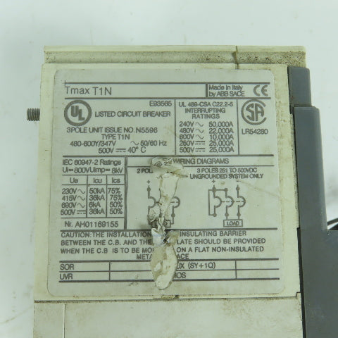 ABB SACE Tmax T1N 90A 3-Pole Circuit Breaker 480-600Y/347V