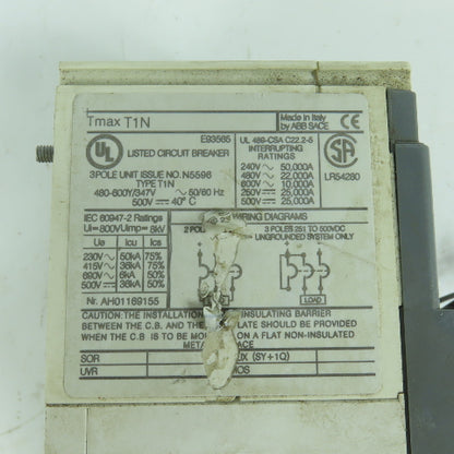 ABB SACE Tmax T1N 90A 3-Pole Circuit Breaker 480-600Y/347V